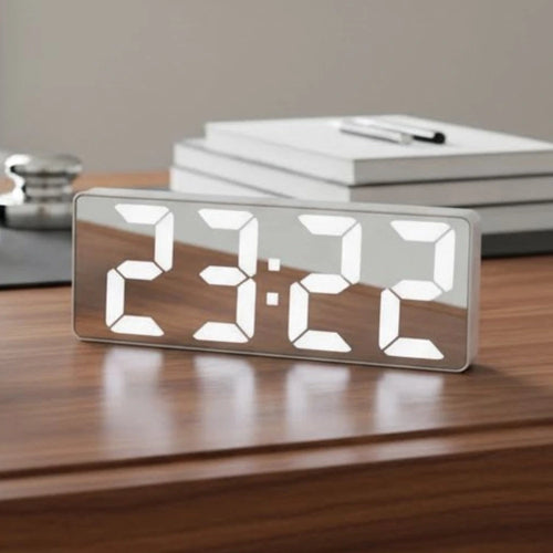 Relógio de Mesa Digital Despertador Espelhado Prateado