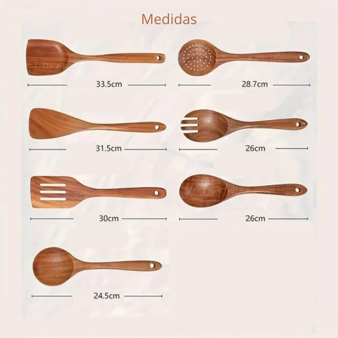 Kit Utensílios De Cozinha De Madeira Antiaderente - 7 Peças (Compre 4, LEVE 3 de BRINDE)