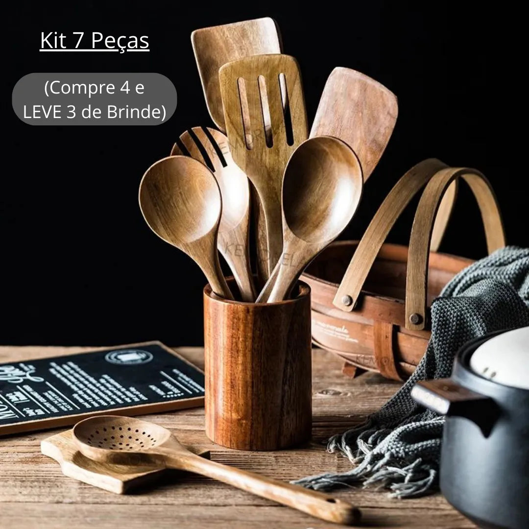 Kit Utensílios De Cozinha De Madeira Antiaderente - 7 Peças (Compre 4, LEVE 3 de BRINDE)