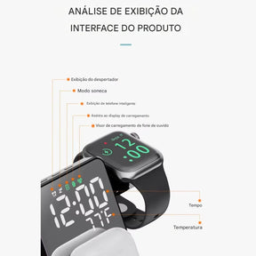 Relógio de Mesa Digital Carregador e Despertador Sem Fio LED - 4 em 1