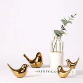 Adorno Escultura Decorativo Passaro Estatueta Cerâmica Dourado