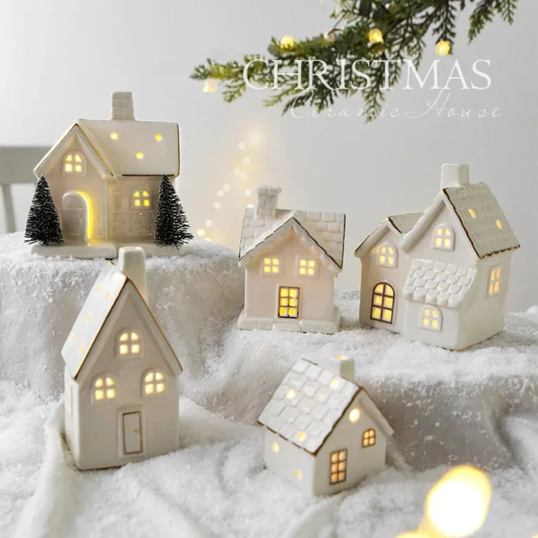 Conjunto de villas navideñas de cerámica iluminadas