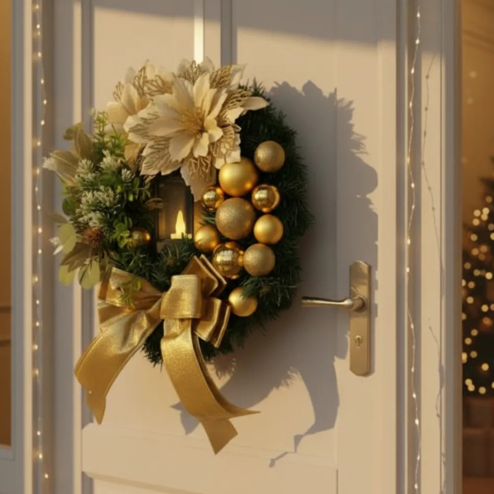 Guirlanda de Natal para Porta/Parede de Luxo Dourada Grande