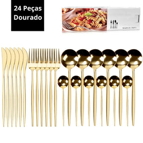 Jogo de Talheres Faqueiro em Inox dourado Completo 24 Pecas