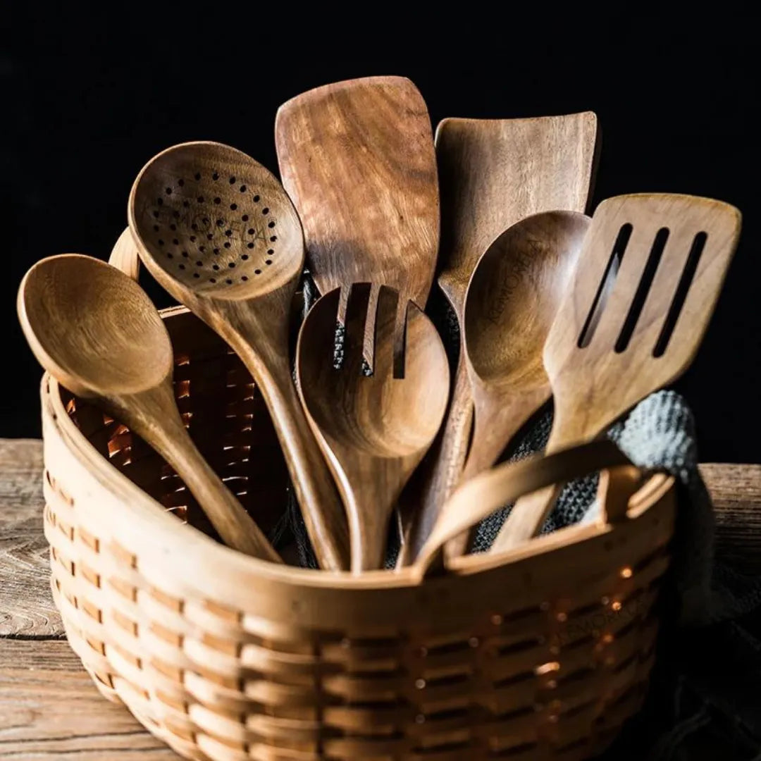 Kit Utensílios De Cozinha em Madeira Antiaderente - 7 Peças 