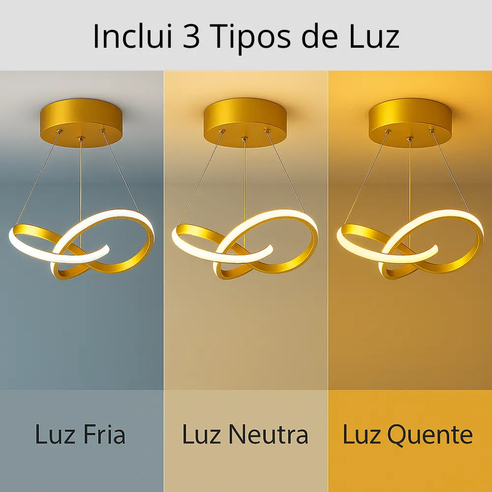 Lustre Pendente para Sala/Quarto/Cozinha Moderno LED Dourado Espiral