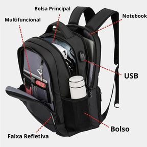 Mochila Masculina Preta Reforçada Executiva Impermeável