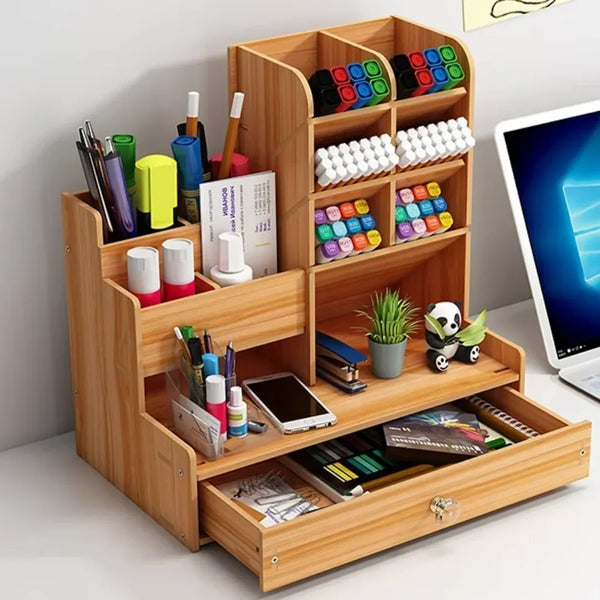 Porta-Caneta Lápis para Escritório de Mesa de Madeira Clara