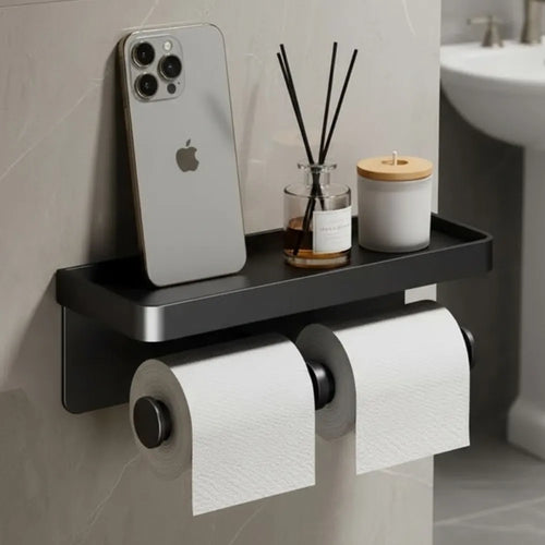Porta-Papel Higiênico de Parede Moderno Duplo para Banheiro - Preto