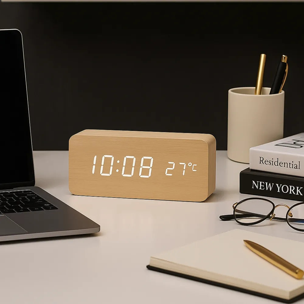 Relógio Digital de Mesa Despertador LED Decorativo bege