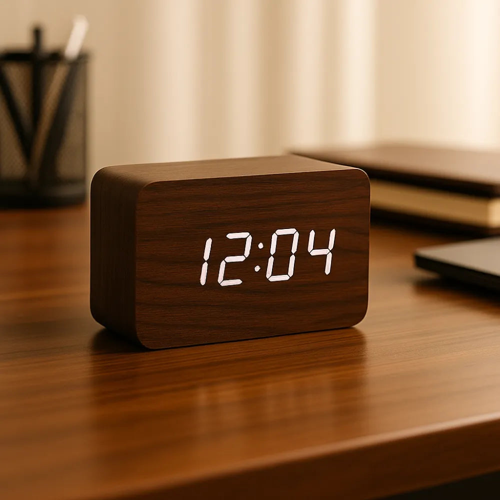 Relógio Digital de Mesa Despertador LED Decorativo marrom