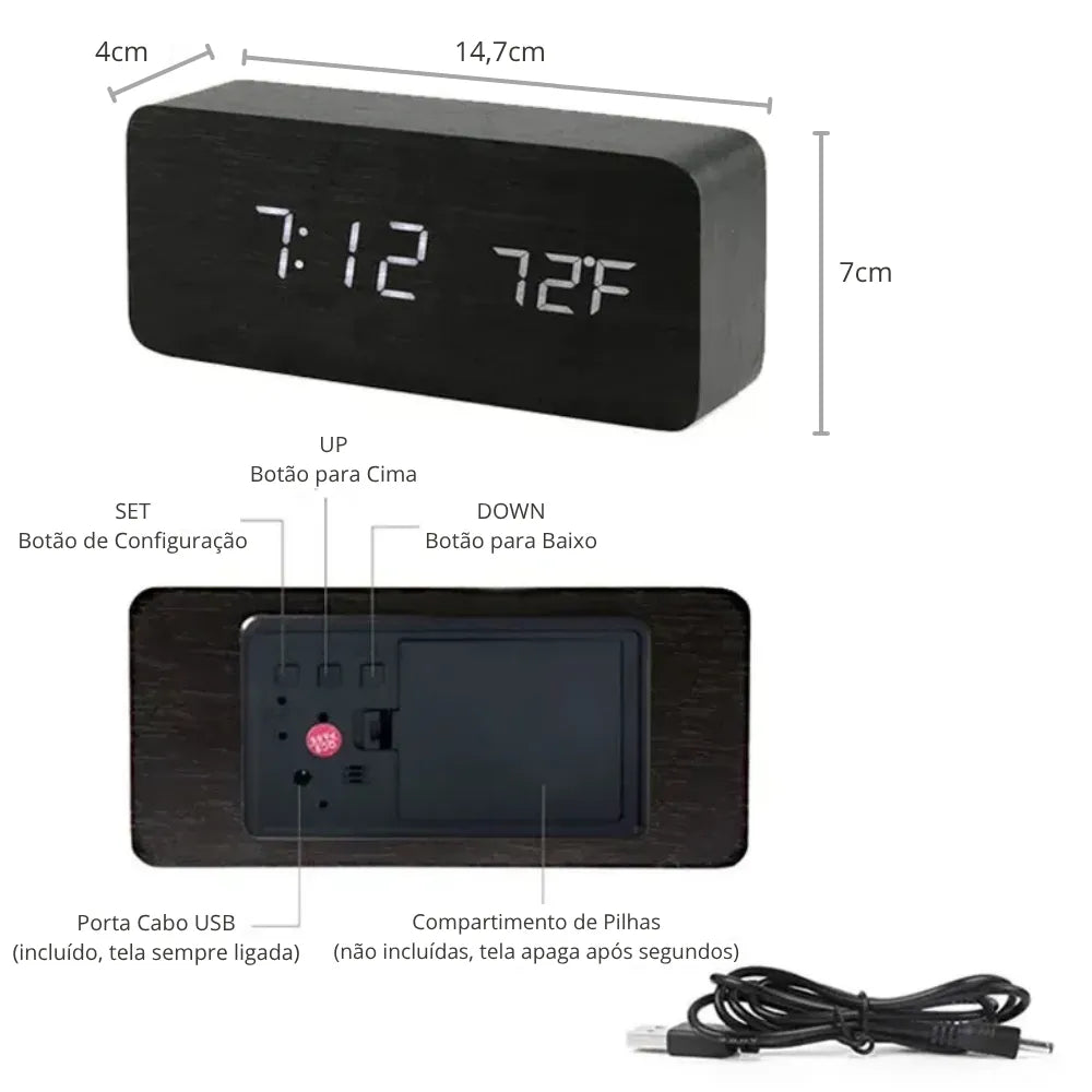 Relógio Digital de Mesa Despertador LED Decorativo preto