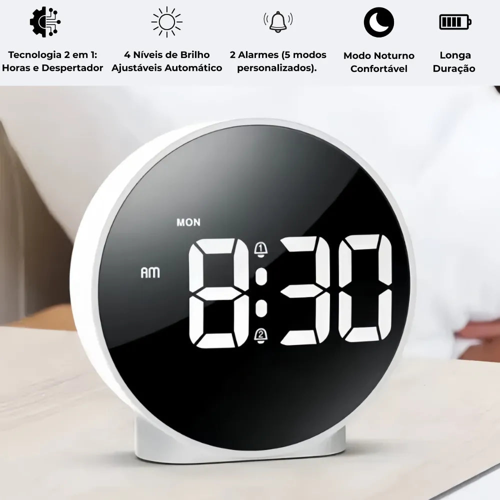 Relógio Digital de Mesa Despertador LED Redondo