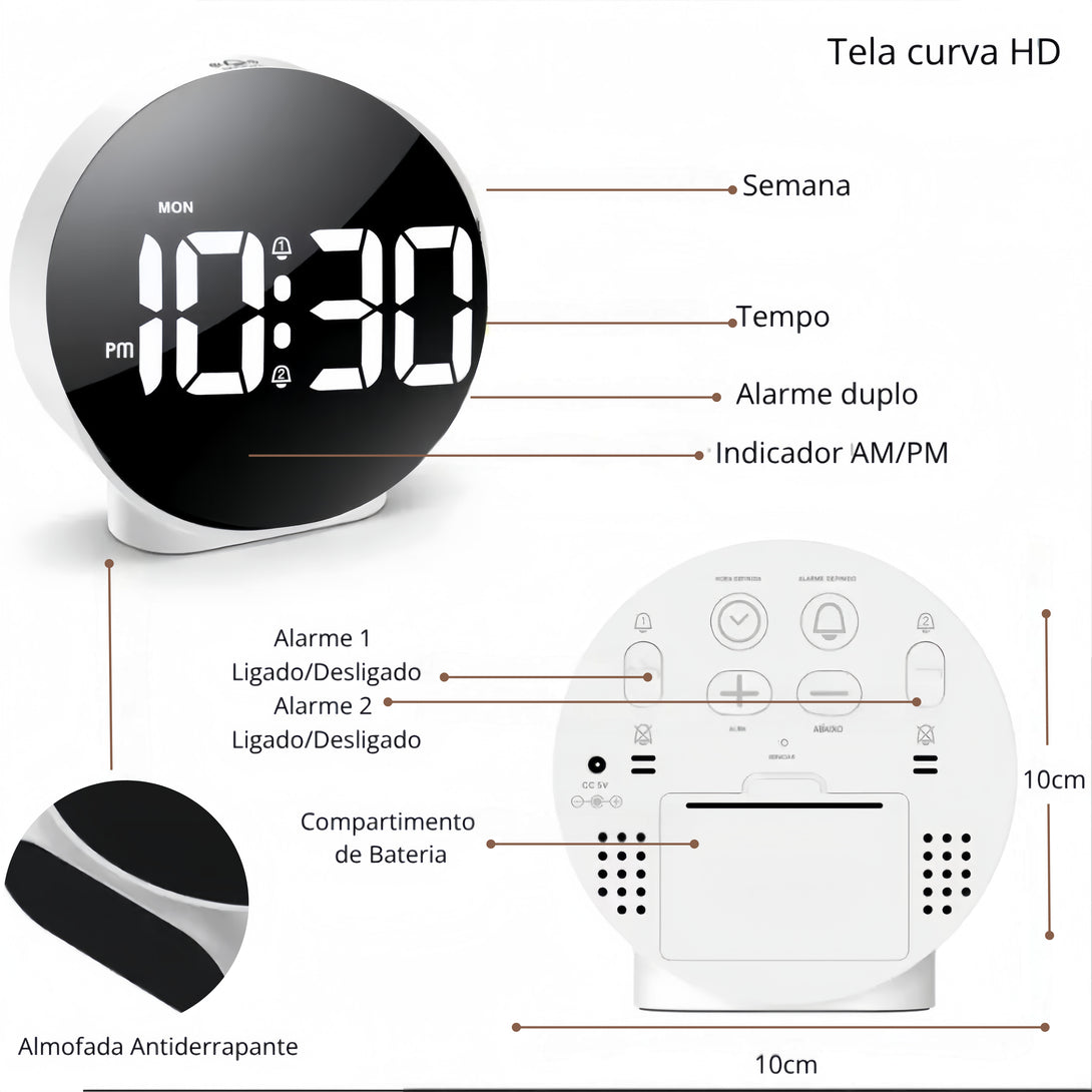 Relógio Digital de Mesa Despertador LED Redondo 7