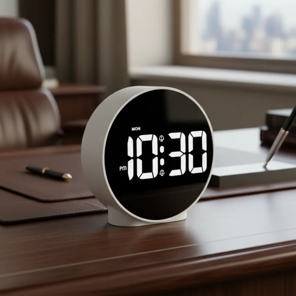 Relógio Digital de Mesa Despertador LED Redondo branco