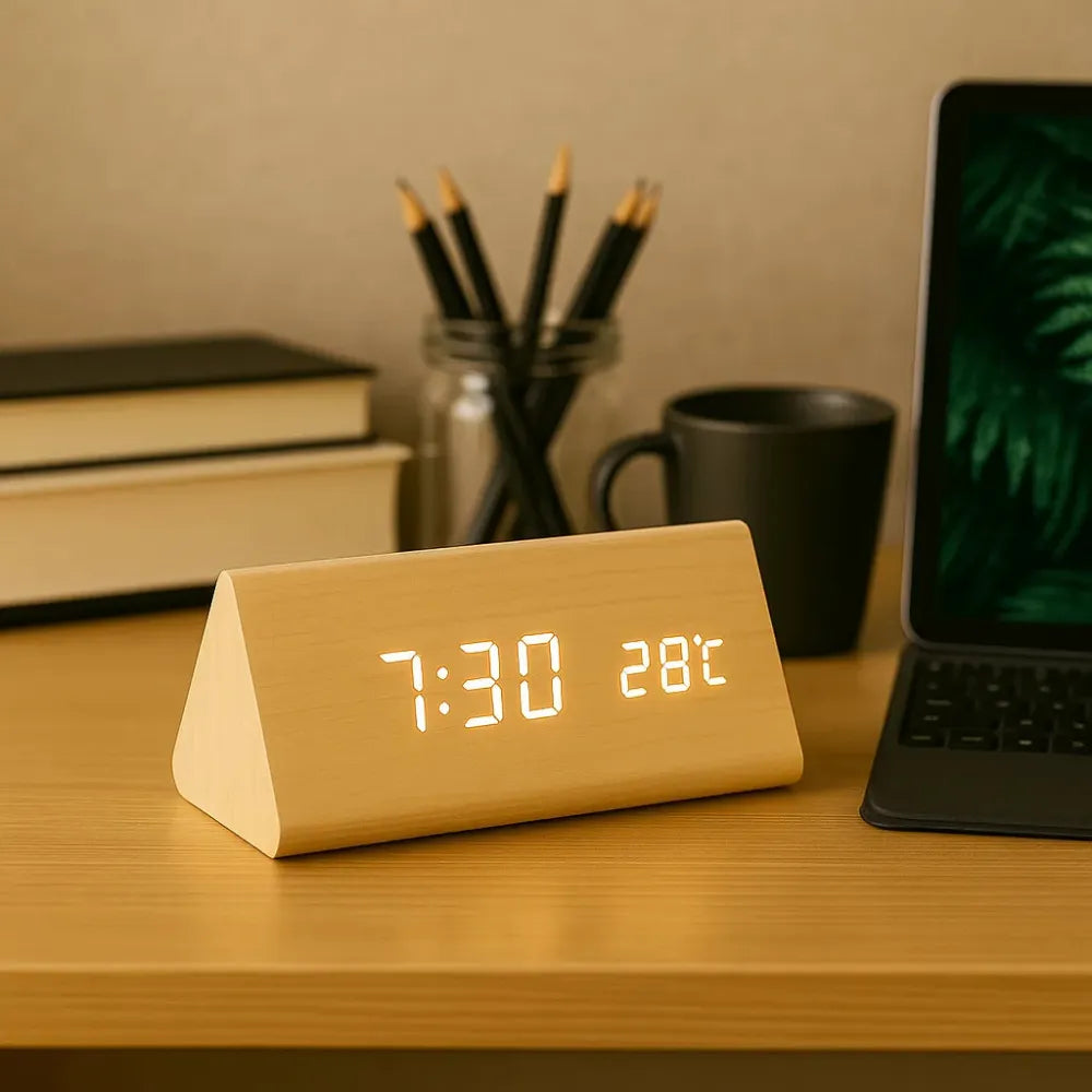 Relógio Digital de Mesa Despertador LED Triangular bege