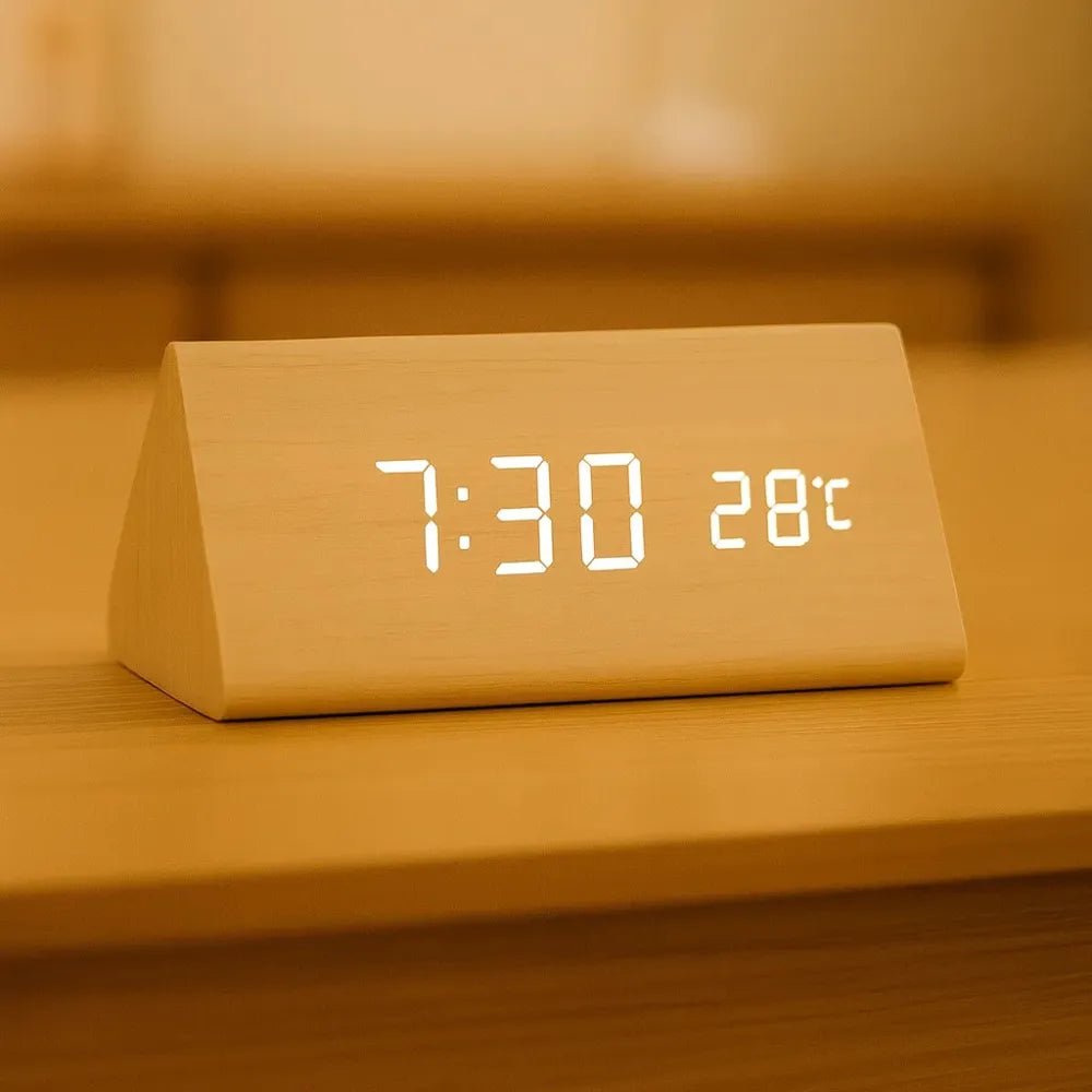 Relógio Digital de Mesa Despertador LED Triangular bege