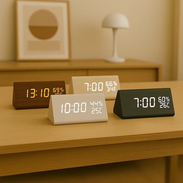 Relógio Digital de Mesa Despertador LED Triangular preto branco marrom