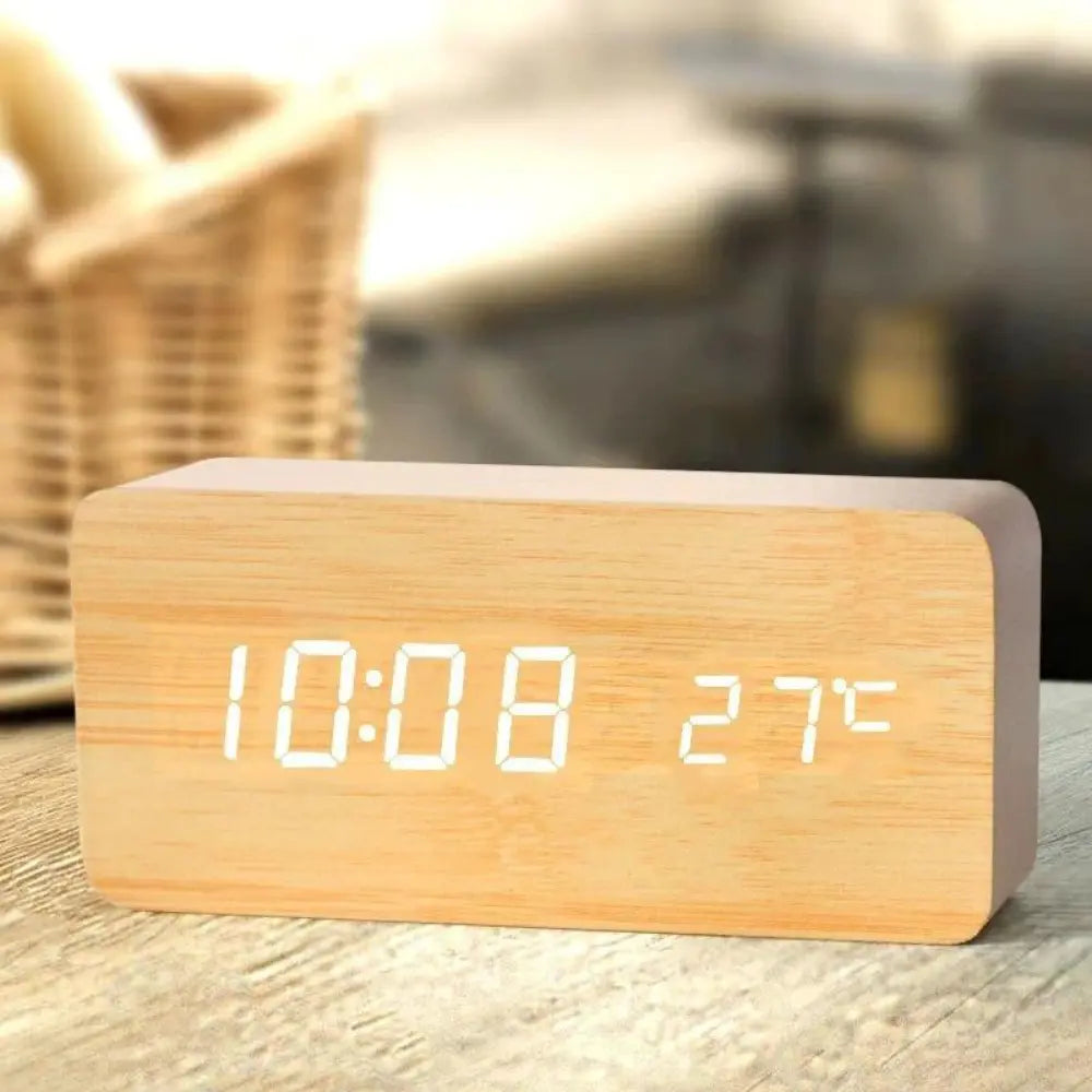 Relógio Digital de Mesa Despertador LED cabeceira decorativo de mesa madeira bambu claro