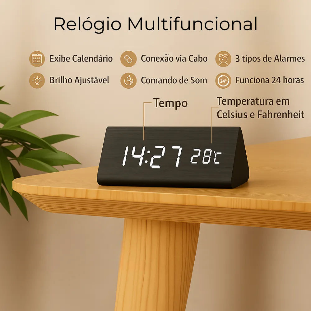 Relógio Digital de Mesa Despertador LED Triangular preto