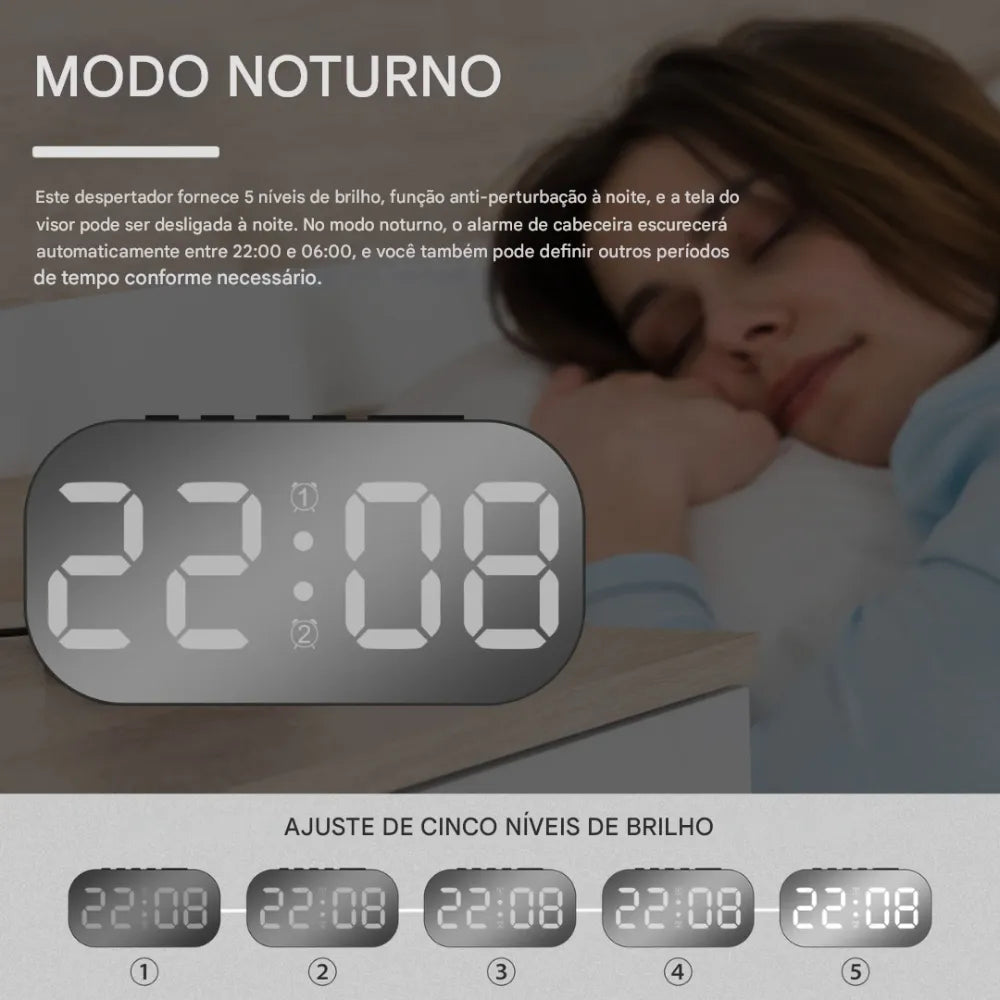 Relógio de Mesa Digital Cabeceira Despertador Espelhado LED 5