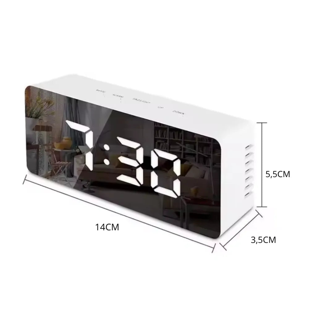 Relógio de Mesa Digital Cabeceira Despertador LED Espelhado 10