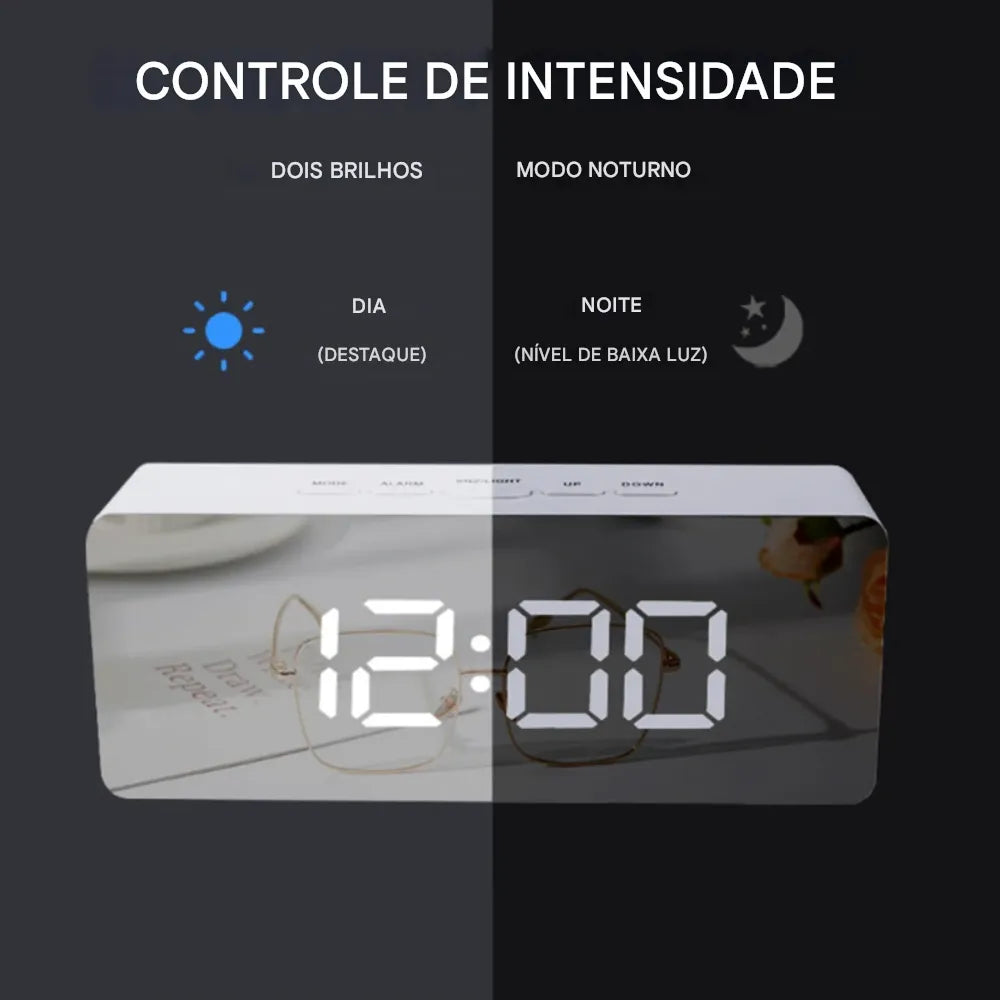 Relógio de Mesa Digital Cabeceira Despertador LED Espelhado 7