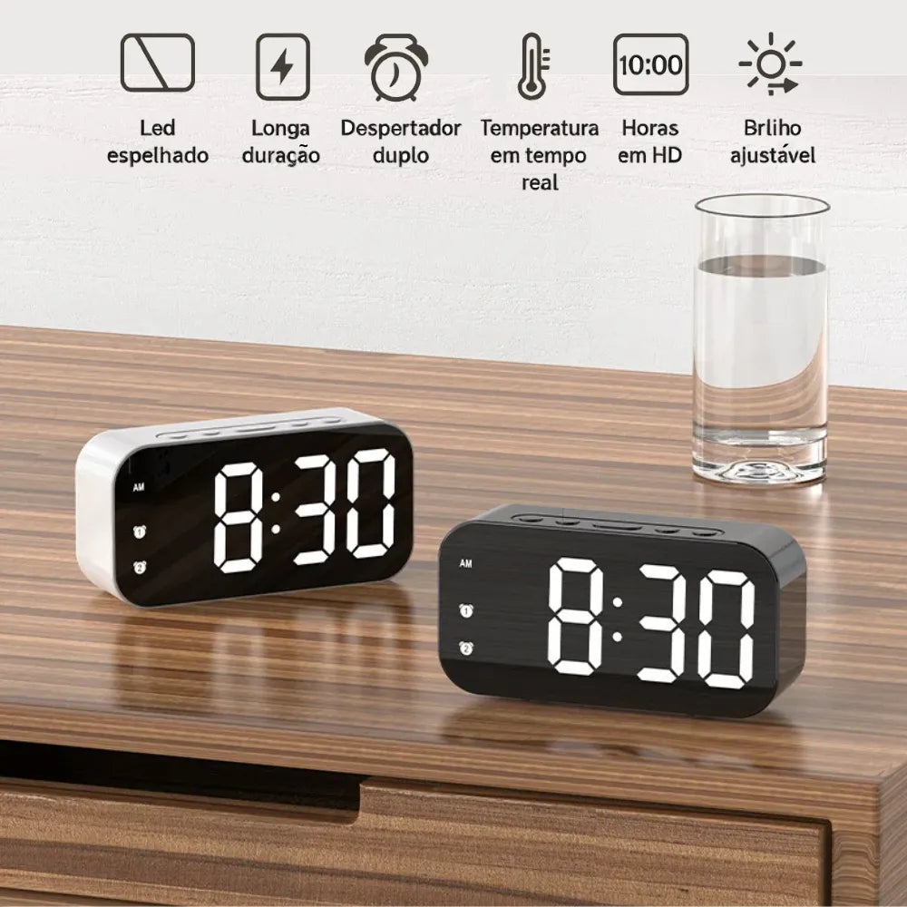 Relógio de Mesa Digital Cabeceira Despertador LED Espelhado Curvado