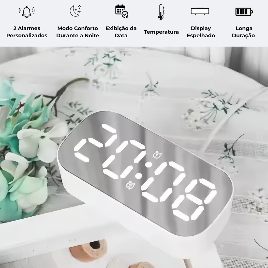 Relógio de Mesa Digital Cabeceira Despertador LED Espelhado Moderno