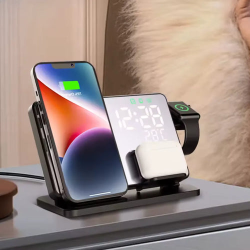 Relógio de Mesa Digital Carregador e Despertador Sem Fio LED - 4 em 1