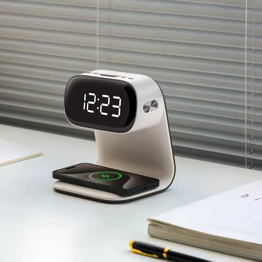 Relógio de Mesa Digital Despertador Carregador Sem Fio branco led