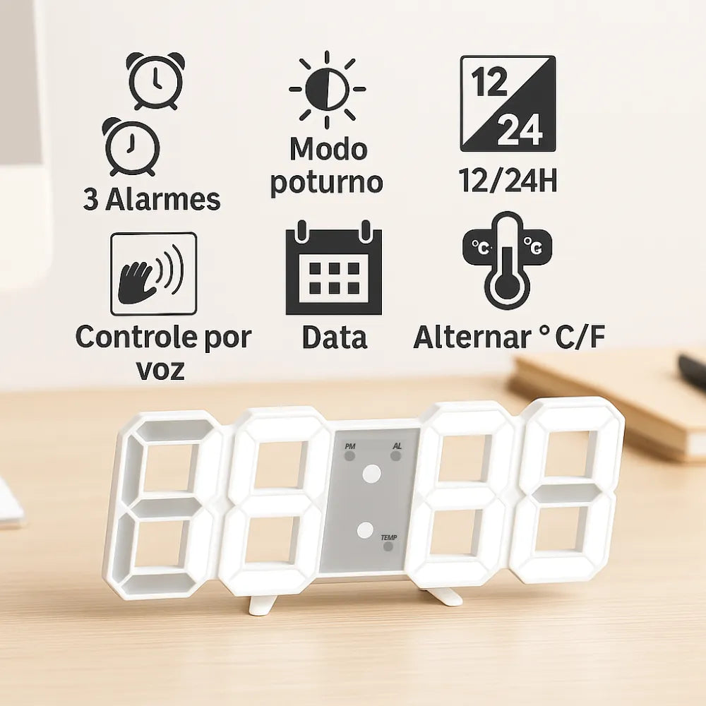Relógio de Mesa Digital Despertador LED Grande branco