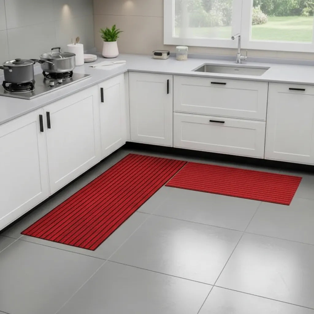Tapete para Cozinha Antiderrapante Absorvente Listrado Vermelho