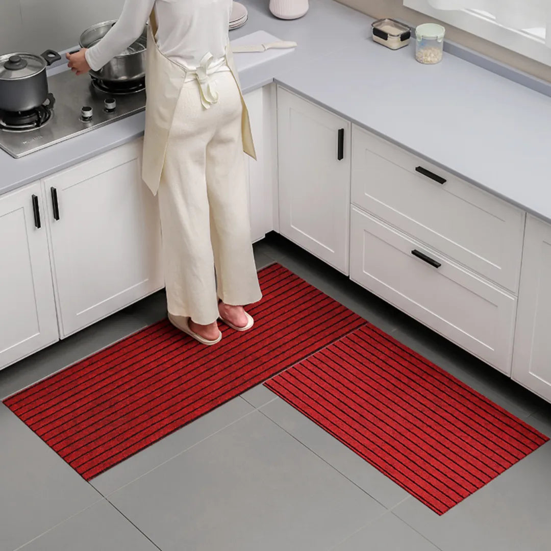 Tapete para Cozinha Antiderrapante Absorvente Vermelho Listrado