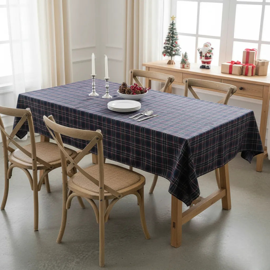 Toalha de Mesa para Natal Impermeável Quadriculada Azul 2 4 6 8 lugares