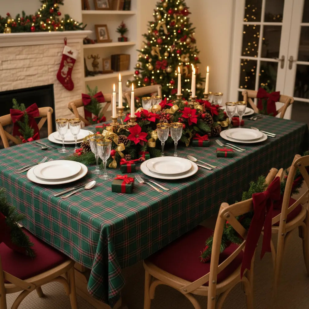 Toalha de Mesa para Natal Retangular Impermeável Quadriculada verde