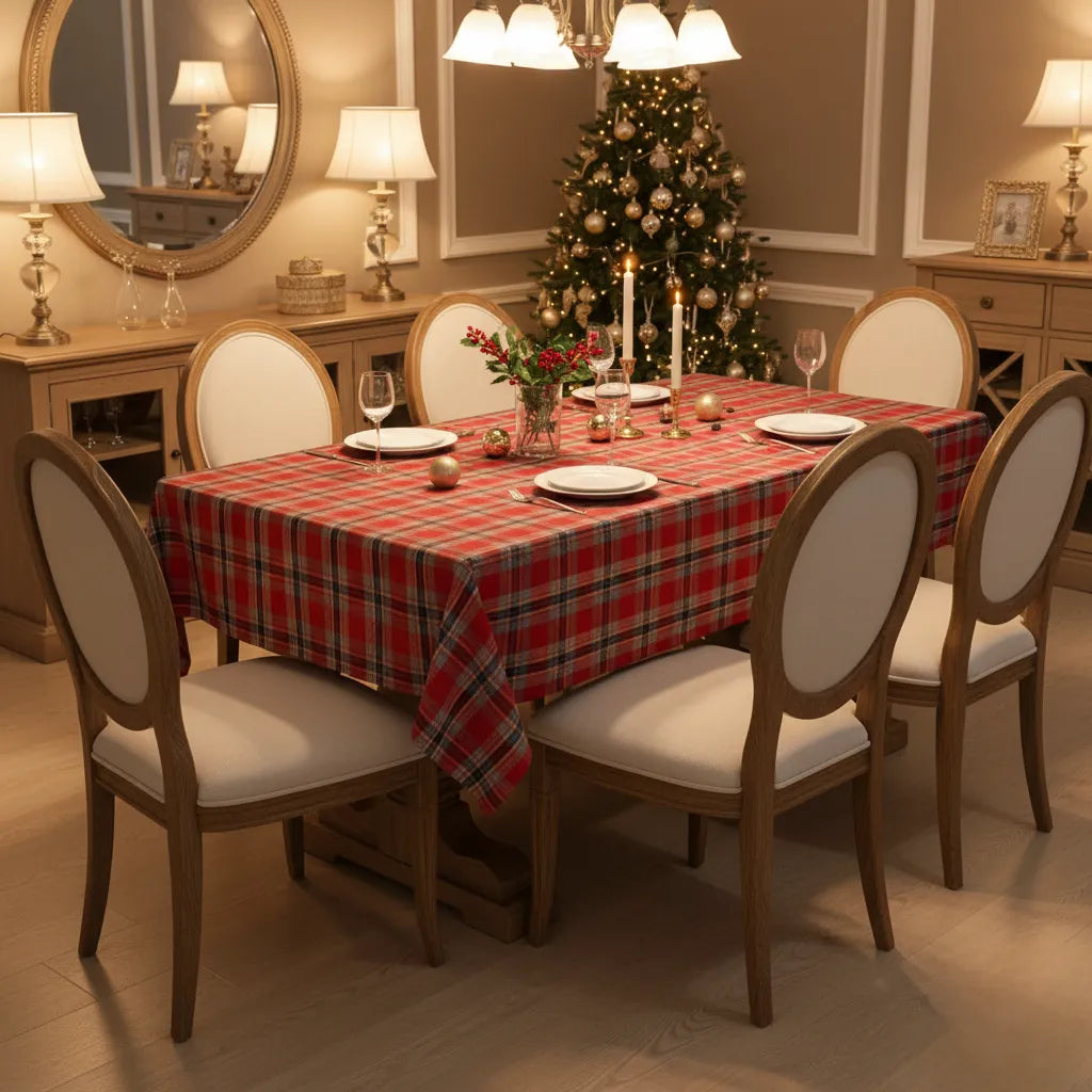 Toalha de Mesa para Natal Retangular Impermeável Quadriculada vermelha