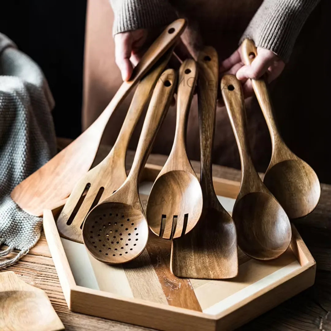 Utensílios De Cozinha de Madeira Antiaderente - 7 Peças 