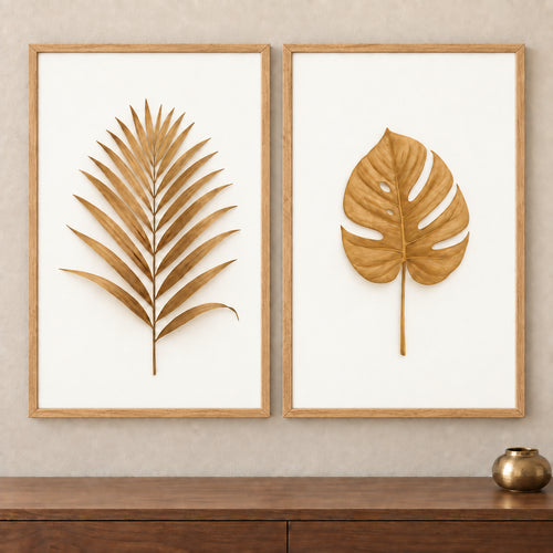 Kit 2 Quadros Decorativos para Sala/Cozinha Folhas Douradas - Carvalho
